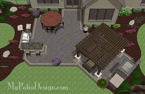 Rear Paver Patio Design with Pergola, Fireplace and Bar 2