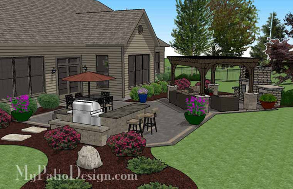 Rear Paver Patio Design with Pergola, Fireplace and Bar 3