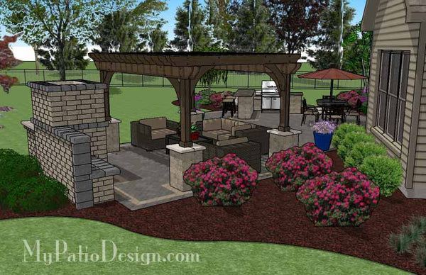Rear Paver Patio Design with Pergola, Fireplace and Bar 4