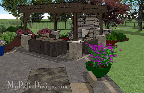 Rear Paver Patio Design with Pergola, Fireplace and Bar 7
