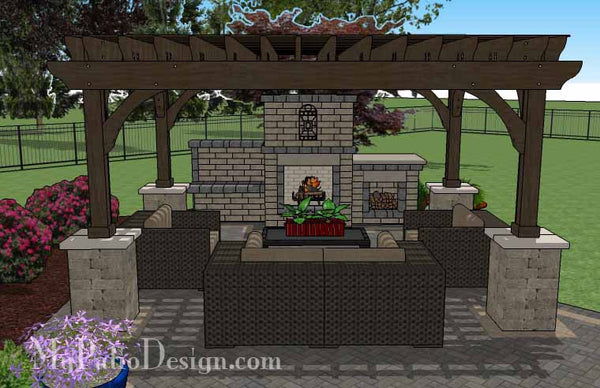 Rear Paver Patio Design with Pergola, Fireplace and Bar 8