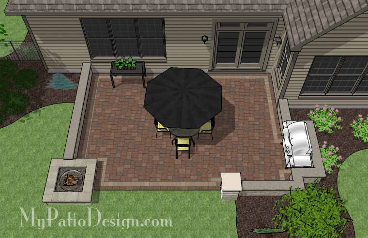 Rectangular Patio  Design with Seat Walls and Fire Pit 2