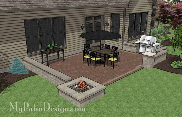 Rectangular Patio  Design with Seat Walls and Fire Pit 3
