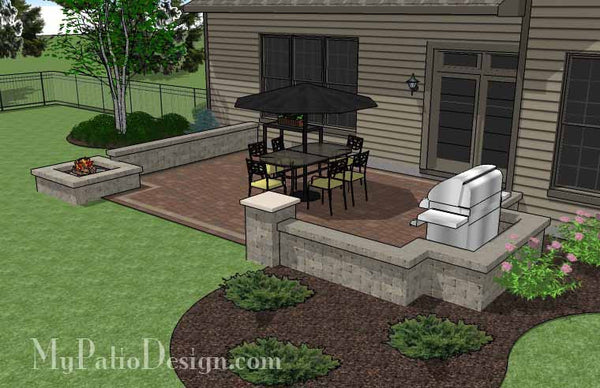 Rectangular Patio  Design with Seat Walls and Fire Pit 4