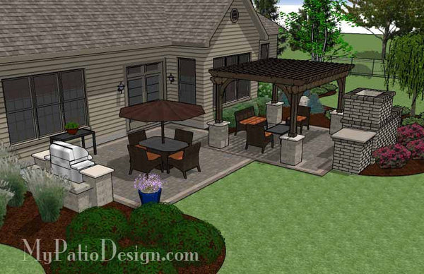 Simple Patio Design with Pergola, Fireplace and Grill Station 3