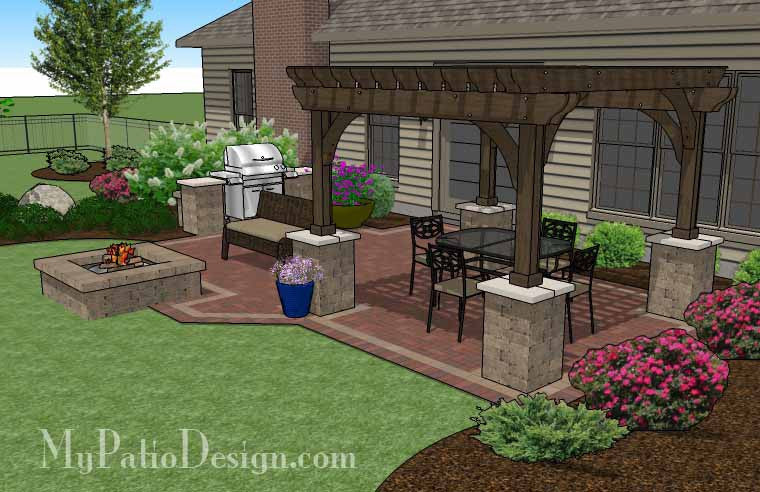 435 sq. ft. Traditional Brick Patio Design with Pergola and Fire Pit
