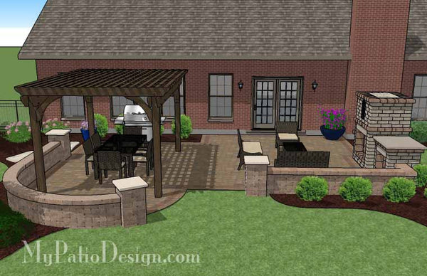 Traditional Patio Design with Seating Wall, Pergola and Fireplace 3