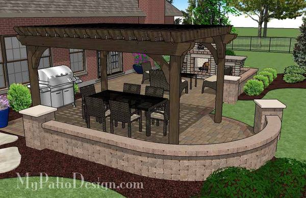 Traditional Patio Design with Seating Wall, Pergola and Fireplace 4